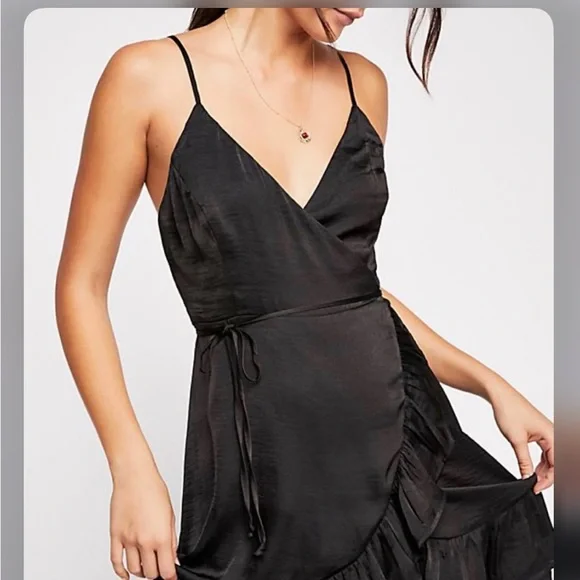 Brand new🔥Free People All My Love Wrap Shine Mini Dress In Black Satin - Picture 3 of 7